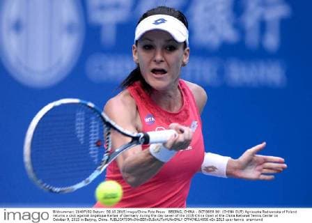 BEIJING, CHINA - OCTOBER 09: (CHINA OUT) Agnieszka Radwanska of Poland returns a shot against Angelique Kerber of Germany during the day seven of the 2015 China Open at the China National Tennis Center on October 9, 2015 in Beijing, China.  CFP474114006 