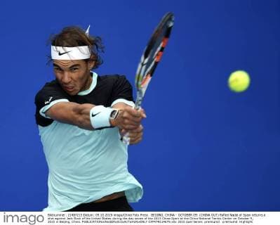 BEIJING, CHINA - OCTOBER 09: (CHINA OUT) Rafael Nadal of Spain returns a shot against Jack Sock of the United States during the day seven of the 2015 China Open at the China National Tennis Center on October 9, 2015 in Beijing, China.  CFP474114676 