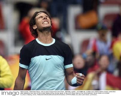 BEIJING, CHINA - OCTOBER 09: (CHINA OUT) Rafael Nadal of Spain celebrates after defeating Jack Sock of the United States during the day seven of the 2015 China Open at the China National Tennis Center on October 9, 2015 in Beijing, China.  CFP474114685 
