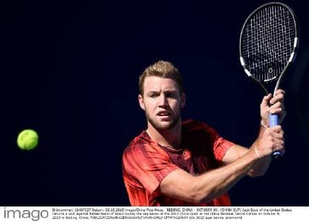 BEIJING, CHINA - OCTOBER 09: (CHINA OUT) Jack Sock of the United States returns a shot against Rafael Nadal of Spain during the day seven of the 2015 China Open at the China National Tennis Center on October 9, 2015 in Beijing, China.  CFP474114694 