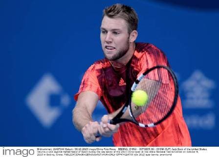 BEIJING, CHINA - OCTOBER 09: (CHINA OUT) Jack Sock of the United States returns a shot against Rafael Nadal of Spain during the day seven of the 2015 China Open at the China National Tennis Center on October 9, 2015 in Beijing, China.  CFP474114700 