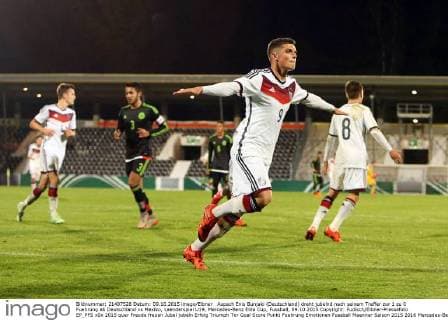 Aspach Enis Bunjaki (Deutschland) dreht jubelnd nach seinem Treffer zur 1 zu 0 Fuehrung ab Deutschland vs Mexiko, Laenderspiel U19, Mercedes-Benz Elite Cup, Fussball, 09.10.2015 Copyright: Fudisch Eibner-Pressefoto EP_PFS