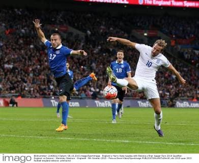England s Harry Kane tussles with Estonia s Enar Jaager Euro 2016 Qualifier- England vs Estonia - Wembley Stadium - England - 9th October 2015 - Picture David Klein Sportimage EDITORIAL USE ONLY. No use with unauthorised audio, video, data, fixture lists, club league logos or live services. Online in-match use limited to 120 images, no video emulation. No use in betting, games or single club league player publications.
