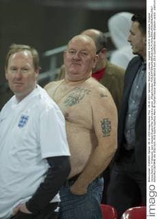 09.10.2015. Wembley Stadium, London, England. Euro2016 Qualification. England versus Estonia. A tattooed, bare chested England fan before the game. xNigelxCookex  ActionPlus11670490
