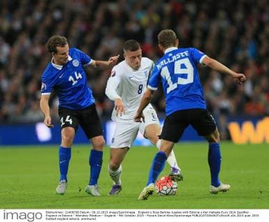 England s Ross Barkley tussles with Estonia s Ken Kallaste Euro 2016 Qualifier- England vs Estonia - Wembley Stadium - England - 9th October 2015 - Picture David Klein Sportimage EDITORIAL USE ONLY. No use with unauthorised audio, video, data, fixture lists, club league logos or live services. Online in-match use limited to 120 images, no video emulation. No use in betting, games or single club league player publications.