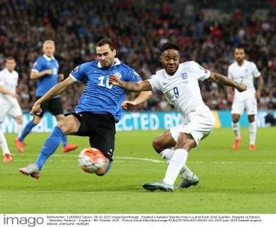 England s Raheem Sterling fires in a shot Euro 2016 Qualifier- England vs Estonia - Wembley Stadium - England - 9th October 2015 - Picture David Klein Sportimage EDITORIAL USE ONLY. No use with unauthorised audio, video, data, fixture lists, club league logos or live services. Online in-match use limited to 120 images, no video emulation. No use in betting, games or single club league player publications.