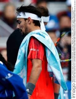 (151010) -- BEIJING, Oct. 10, 2015 -- Fabio Fognini of Italy reacts during the men s singles semifinal of China Open Tennis Tournament against Rafael Nadal of Spain at the National Tennis Center in Beijing, capital of China, Oct. 10, 2015. Fabio Fognini lost 0-2. ) (SP)CHINA-BEIJING-TENNIS-CHINA OPEN-MEN S SINGLES (CN) WangxLili 