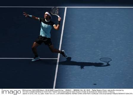 (151010) -- BEIJING, Oct. 10, 2015 -- Rafael Nadal of Spain returns the shot during the men s singles semifinal of China Open Tennis Tournament against Fabio Fognini of Italy at the National Tennis Center in Beijing, capital of China, Oct. 10, 2015. Nadal won 2-0. ) (SP)CHINA-BEIJING-TENNIS-CHINA OPEN-MEN S SINGLES (CN) XingxGuangli 