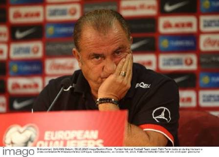 Turkish National Football Team coach Fatih Terim looks on during his team s press conference PK Pressekonferenz in Prague, Czech Republic, on October 09, 2015. 