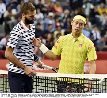 Nishikori defeated in Japan Open semifinals Benoit Paire (L) of France and Kei Nishikori of Japan meet at the net after Paire beat the defending champion 1-6, 6-4, 6-2 in the semifinals of the Japan Open tennis championships in Tokyo on Oct. 10, 2015. 