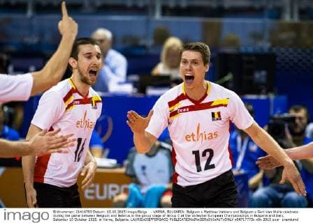- VARNA, BULGARIA: Belgium s Matthias Valkiers and Belgium s Gert Van Walle celebrate during the game between Belgium and Belarus in the group stage of Group C at the Volleybal European Championships in Bulgaria and Italy, Saturday 10 October 2015, in Varna, Bulgaria. LAURIExDIEFFEMBACQ  x04717773x