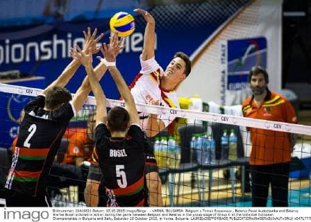 - VARNA, BULGARIA: Belgium s Tomas Rousseaux , Belarus Pavel Audochanka and Belarus Siarhei Busel pictured in action during the game between Belgium and Belarus in the group stage of Group C at the Volleybal European Championships in Bulgaria and Italy, Saturday 10 October 2015, in Varna, Bulgaria. LAURIExDIEFFEMBACQ  x04717778x