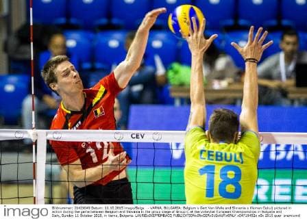 - VARNA, BULGARIA: Belgium s Gert Van Walle and Slovenia s Klemen Cebulj pictured in action during the game between Belgium and Slovania in the group stage of Group C at the Volleybal European Championships in Bulgaria and Italy, Sunday 11 October 2015, in Varna, Bulgaria. LAURIExDIEFFEMBACQ  x04718452x