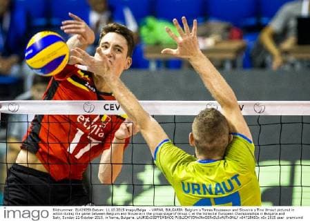 - VARNA, BULGARIA: Belgium s Tomas Rousseaux and Slovenia s Tine Urnaut pictured in action during the game between Belgium and Slovania in the group stage of Group C at the Volleybal European Championships in Bulgaria and Italy, Sunday 11 October 2015, in Varna, Bulgaria. LAURIExDIEFFEMBACQ  x04718453x