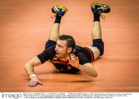 - VARNA, BULGARIA: Belgium s Stijn Dejonckheere celebrates during the game between Belgium and Slovania in the group stage of Group C at the Volleybal European Championships in Bulgaria and Italy, Sunday 11 October 2015, in Varna, Bulgaria. LAURIExDIEFFEMBACQ  x04718473x