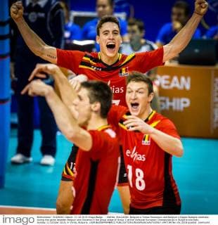 - VARNA, BULGARIA: Belgium s Tomas Rousseaux and Belgium s Seppe Baetens celebrate during the game between Belgium and Slovania in the group stage of Group C at the Volleybal European Championships in Bulgaria and Italy, Sunday 11 October 2015, in Varna, Bulgaria. LAURIExDIEFFEMBACQ  x04718476x
