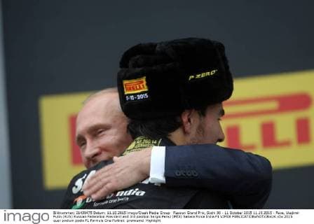 Russian Grand Prix, Sochi 08 - 11 October 2015 11.10.2015 - Race, Vladimir Putin (RUS) Russian Federation President and 3rd position Sergio Perez (MEX) Sahara Force India F1 VJM08 
