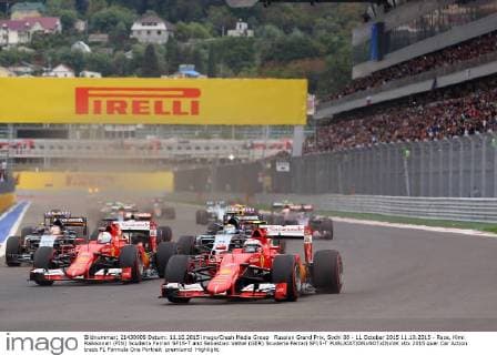 Russian Grand Prix, Sochi 08 - 11 October 2015 11.10.2015 - Race, Kimi Raikkonen (FIN) Scuderia Ferrari SF15-T and Sebastian Vettel (GER) Scuderia Ferrari SF15-T 