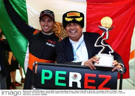 Russian Grand Prix, Sochi 08 - 11 October 2015 11.10.2015 - Race, Celebration, 3rd position Sergio Perez (MEX) Sahara Force India F1 VJM08 with his father. 