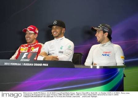 Russian Grand Prix, Sochi 08 - 11 October 2015 11.10.2015 - Race, press conference PK Pressekonferenz Lewis Hamilton (GBR) Mercedes AMG F1 W06 and Sergio Perez (MEX) Sahara Force India F1 VJM08 