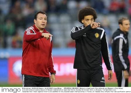 - BRUSSELS, BELGIUM: Belgium s head coach Marc Wilmots and Belgium s Axel Witsel pictured during a training session of Belgian national soccer team Red Devils, Sunday 11 October 2015, in Brussels. The Red Devils won Yesterday their match against Andorra and qualified for the 2016 European Championships in France. On Tuesday they will play their last qualification game against Israel. BRUNOxFAHY  x04718996x