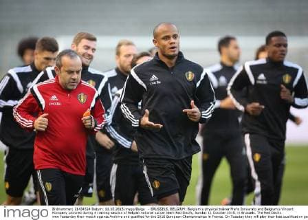- BRUSSELS, BELGIUM: Belgium s physical trainer Mario Innaurato and Belgium s Vincent Kompany pictured during a training session of Belgian national soccer team Red Devils, Sunday 11 October 2015, in Brussels. The Red Devils won Yesterday their match against Andorra and qualified for the 2016 European Championships in France. On Tuesday they will play their last qualification game against Israel. BRUNOxFAHY  x04718981x