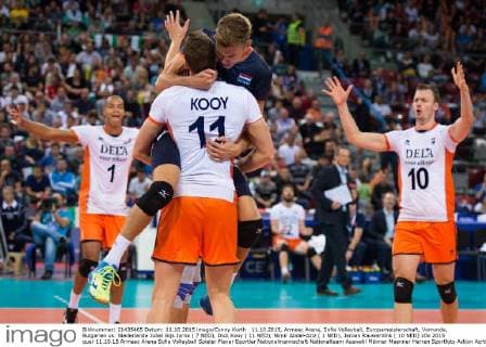 11.10.2015, Armeec Arena, Sofia Volleyball, Europameisterschaft, Vorrunde, Bulgarien vs. Niederlande Jubel Gijs Jorna ( 7 NED), Dick Kooy ( 11 NED), Nimir Abdel-Aziz ( 1 NED), Jeroen Rauwerdink ( 10 NED)