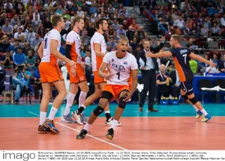 11.10.2015, Armeec Arena, Sofia Volleyball, Europameisterschaft, Vorrunde, Bulgarien vs. Niederlande Jubel Dick Kooy ( 11 NED), Kay van Dijk ( 12 NED), Bas van Bemmelen ( 8 NED), Nimir Abdel-Aziz ( 1 NED), Gijs Jorna ( 7 NED)