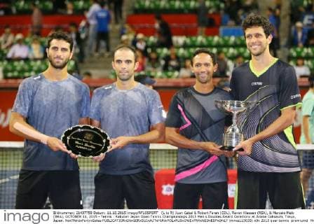 (L to R) Juan Cabal & Robert Farah (COL), Raven Klaasen (RSA), & Marcelo Melo (BRA), OCTOBER 11, 2015 - Tennis : Rakuten Japan Open Tennis Championships 2015 Men s Doubles Award Ceremony at Ariake Coliseum, Tokyo, Japan. NoxThirdxPartyxSales  (mrva115035)