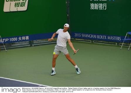 Rafael Nadal of Spain takes part in a training session for the 2015 Shanghai Rolex Masters tennis tournament in Shanghai, China, 12 October 2015. Rafael Nadal in full preparation for Shanghai Rolex Masters  20151012_11645