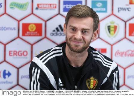 - BRUSSELS, BELGIUM: Belgium s Nicolas Lombaerts pictured during a press conference PK Pressekonferenz of Belgian national soccer team Red Devils, Monday 12 October 2015, in Brussels. The Red Devils won their match against Andorra and qualified for the 2016 European Championships in France. Tomorrow they will play their last qualification game against Israel in Brussels. BRUNOxFAHY  x04719182x