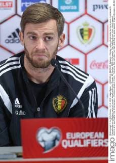- BRUSSELS, BELGIUM: Belgium s Nicolas Lombaerts pictured during a press conference PK Pressekonferenz of Belgian national soccer team Red Devils, Monday 12 October 2015, in Brussels. The Red Devils won their match against Andorra and qualified for the 2016 European Championships in France. Tomorrow they will play their last qualification game against Israel in Brussels. BRUNOxFAHY  x04719183x