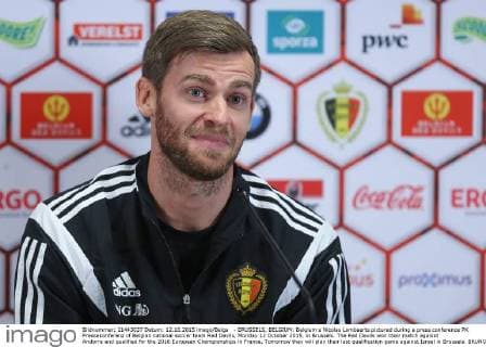 - BRUSSELS, BELGIUM: Belgium s Nicolas Lombaerts pictured during a press conference PK Pressekonferenz of Belgian national soccer team Red Devils, Monday 12 October 2015, in Brussels. The Red Devils won their match against Andorra and qualified for the 2016 European Championships in France. Tomorrow they will play their last qualification game against Israel in Brussels. BRUNOxFAHY  x04719177x