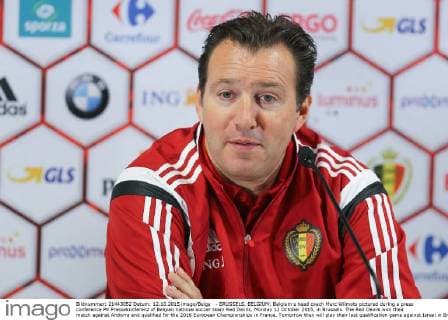 - BRUSSELS, BELGIUM: Belgium s head coach Marc Wilmots pictured during a press conference PK Pressekonferenz of Belgian national soccer team Red Devils, Monday 12 October 2015, in Brussels. The Red Devils won their match against Andorra and qualified for the 2016 European Championships in France. Tomorrow they will play their last qualification game against Israel in Brussels. BRUNOxFAHY  x04719193x