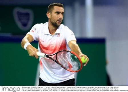 Marin Cilic of Croatia prepares to serve a shot against Wu Di of China in their first round match of the men s singles during the 2015 Shanghai Rolex Masters tennis tournament in Shanghai, China, 12 October 2015. Marin Cilic of Croatia defeated Wu Di of China 2-1(4-6 6-3 7-6) in their first round match of the men s singles during the 2015 Shanghai Rolex Masters tennis tournament in Shanghai, China, 12 October 2015. Marin Cilic kicks out Wu Di at Shanghai Rolex Masters  20151012_66586