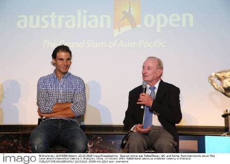 Spanish tennis star Rafael Nadal, left, and former Australian tennis player Rod Laver attend a breakfast meeting in Shanghai, China, 13 October 2015. Rafael Nadal glams up breakfast meeting in Shanghai  20151013_30696