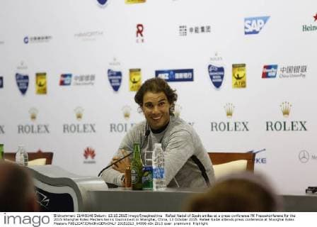 Rafael Nadal of Spain smiles at a press conference PK Pressekonferenz for the 2015 Shanghai Rolex Masters tennis tournament in Shanghai, China, 13 October 2015. Rafael Nadal attends press conference at Shanghai Rolex Masters  20151013_64906