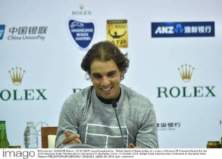 Rafael Nadal of Spain smiles at a press conference PK Pressekonferenz for the 2015 Shanghai Rolex Masters tennis tournament in Shanghai, China, 13 October 2015. Rafael Nadal attends press conference at Shanghai Rolex Masters  20151013_11662