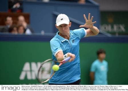 Kevin Anderson of South Africa returns a shot to Tommy Haas of Germany in their first round match of the men s singles during the 2015 Shanghai Rolex Masters tennis tournament in Shanghai, China, 13 October 2015. Kevin Anderson of South Africa defeated Tommy Haas of Germany 2-0 (6-3 7-5) in their first round match of the men s singles during the 2015 Shanghai Rolex Masters tennis tournament in Shanghai, China, 13 October 2015. Kevin Anderson defeats Tommy Haas at Shanghai Rolex Masters  20151013_64808