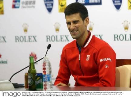 Novak Djokovic of Serbia smiles at a press conference PK Pressekonferenz for the 2015 Shanghai Rolex Masters tennis tournament in Shanghai, China, 13 October 2015. Novak Djokovic attends press conference at Shanghai Rolex Masters  pbu344560_14