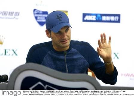 Roger Federer of Switzerland speaks at a press conference PK Pressekonferenz after being defeated by Albert Ramos-Vinolas of Spain in their second round match of the men s singles during the 2015 Shanghai Rolex Masters tennis tournament in Shanghai, China, 13 October 2015. Roger Federer was upset in his opening match at the Shanghai Masters on Tuesday (13 October 2015) by Spanish qualifier Albert Ramos-Vinolas 7-6 (4), 2-6, 6-3. Federer looked rusty from the outset, failing to convert two break points in the opening set and making a flurry of backhand errors to lose the tiebreaker. Ramos-Vinolas then broke the 17-time major winner in the eighth game of the third set with a forehand winner down the line and held the next game to close it out. Federer hasn t played since helping Switzerland win a Davis Cup match the week after falling to Novak Djokovic in the final of the U.S. Open. The last time he and Ramos-Vinolas played at Wimbledon in 2012, the Spaniard only won three games. Federer upset in opening match at Shanghai Masters  20151013_36707