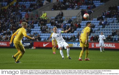 13.10.2015. Ricoh Arena, Coventry, England. U21 U 21 European Championships Qualification. England U21 versus Kazakhstan U21. James Ward-Prowse of England pushes a shot on goal wide. xAndyxThompsonx  ActionPlus11672126
