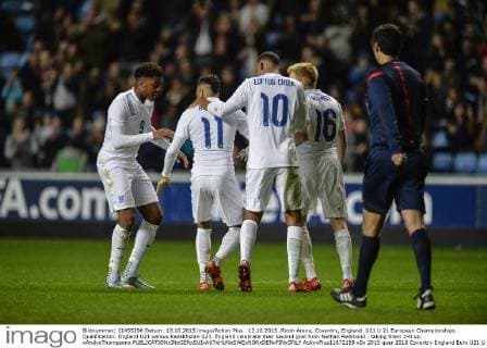 13.10.2015. Ricoh Arena, Coventry, England. U21 U 21 European Championships Qualification. England U21 versus Kazakhstan U21. England celebrate their second goal from Nathan Redmond , taking them 2-0 up. xAndyxThompsonx  ActionPlus11672159