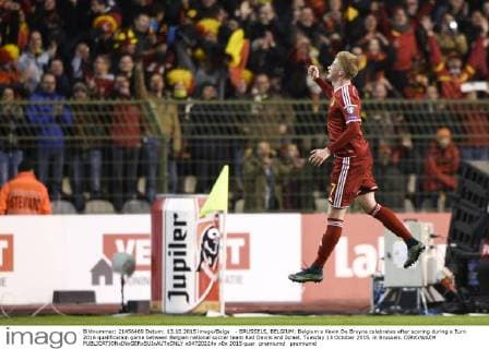 - BRUSSELS, BELGIUM: Belgium s Kevin De Bruyne celebrates after scoring during a Euro 2016 qualification game between Belgian national soccer team Red Devils and Israel, Tuesday 13 October 2015, in Brussels. DIRKxWAEM  x04720224x