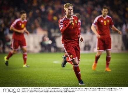 - BRUSSELS, BELGIUM: Belgium s Kevin De Bruyne celebrates after scoring during a Euro 2016 qualification game between Belgian national soccer team Red Devils and Israel, Tuesday 13 October 2015, in Brussels. VIRGINIExLEFOUR  x04720251x