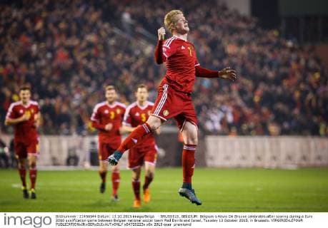- BRUSSELS, BELGIUM: Belgium s Kevin De Bruyne celebrates after scoring during a Euro 2016 qualification game between Belgian national soccer team Red Devils and Israel, Tuesday 13 October 2015, in Brussels. VIRGINIExLEFOUR  x04720223x