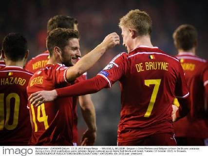 - BRUSSELS, BELGIUM: Belgium s Dries Mertens and Belgium s Kevin De Bruyne celebrate during a Euro 2016 qualification game between Belgian national soccer team Red Devils and Israel, Tuesday 13 October 2015, in Brussels. VIRGINIExLEFOUR  x04720246x