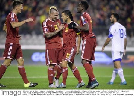 - BRUSSELS, BELGIUM: Belgium s Thomas Meunier, Belgium s Radja Nainggolan, Belgium s Eden Hazard and Belgium s Divock Origi celebrate during a Euro 2016 qualification game between Belgian national soccer team Red Devils and Israel, Tuesday 13 October 2015, in Brussels. YORICKxJANSENS  x04720259x