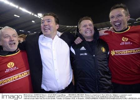 - BRUSSELS, BELGIUM: Belgium s head coach Marc Wilmots, Belgium s assistant coach Vital Borkelmans and Belgium s goalkeeper coach Erwin Lemmens celebrate after winning a Euro 2016 qualification game between Belgian national soccer team Red Devils and Israel, Tuesday 13 October 2015, in Brussels. YORICKxJANSENS  x04720343x