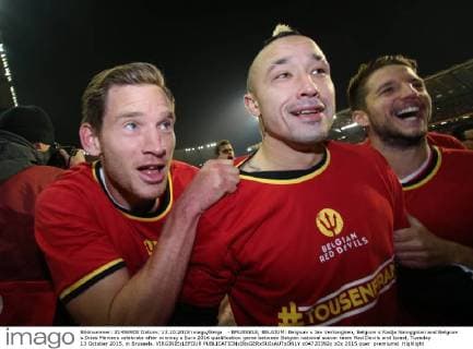 - BRUSSELS, BELGIUM: Belgium s Jan Vertonghen, Belgium s Radja Nainggolan and Belgium s Dries Mertens celebrate after winning a Euro 2016 qualification game between Belgian national soccer team Red Devils and Israel, Tuesday 13 October 2015, in Brussels. VIRGINIExLEFOUR  x04720392x